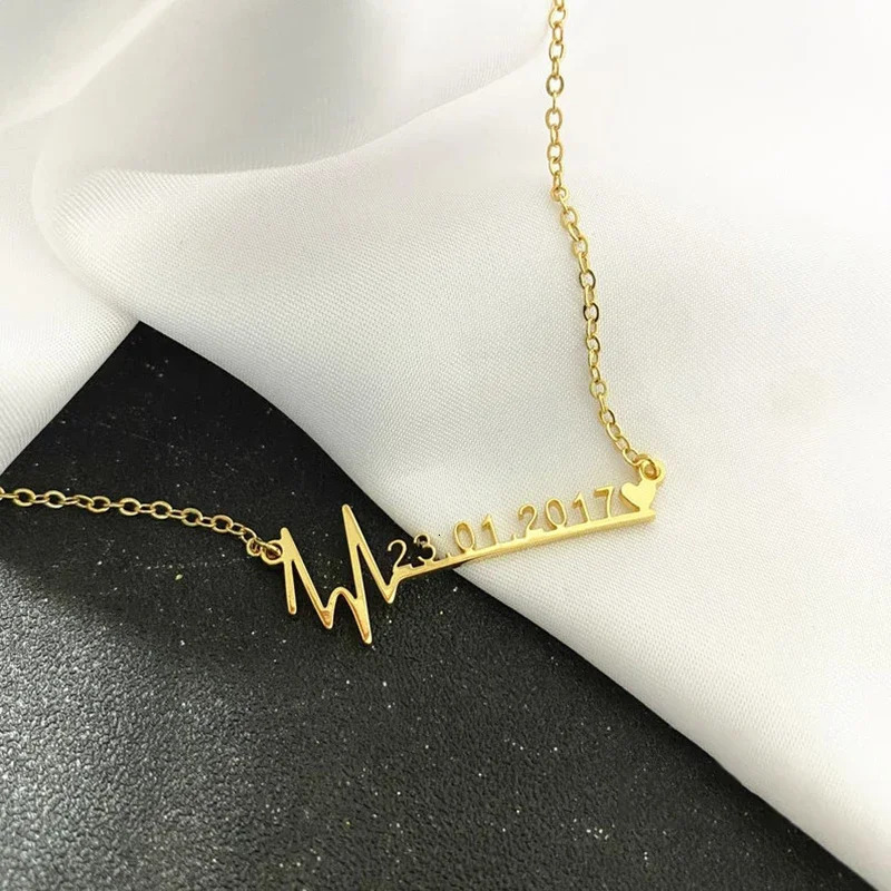 Custom Name Heartbeat Date Necklace Stainless Steel Jewelry Birthday Gift for Wife Lucky Numbers Pendant Women Chokers 250117