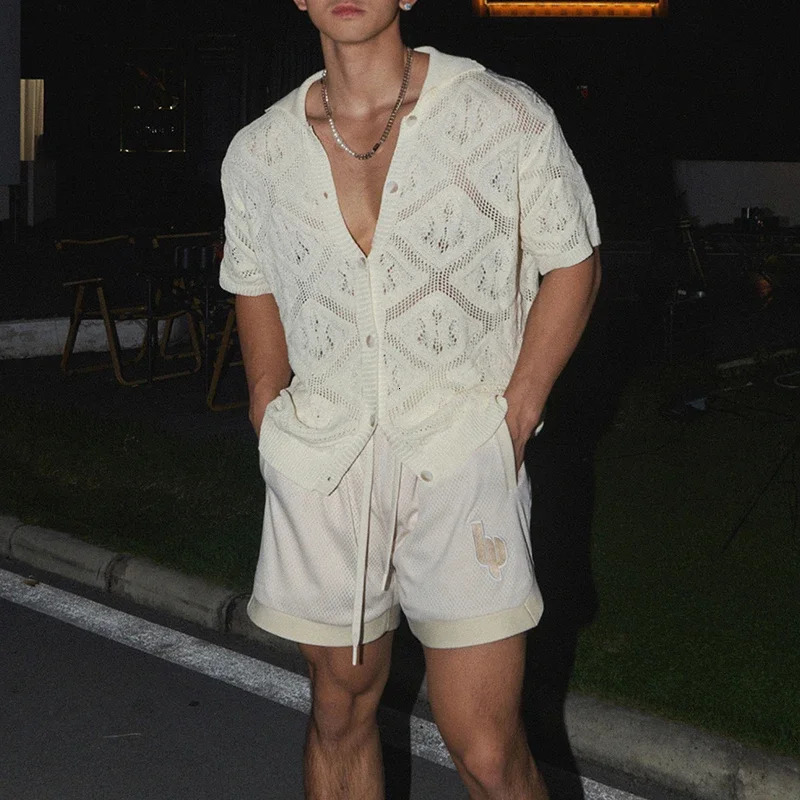 Sexy Mens Hollow Out Knit Shirt Vintage See Through Breathable Knitting Shirts Men Summer Stylish Solid Color Short Sleeve Tops 250222