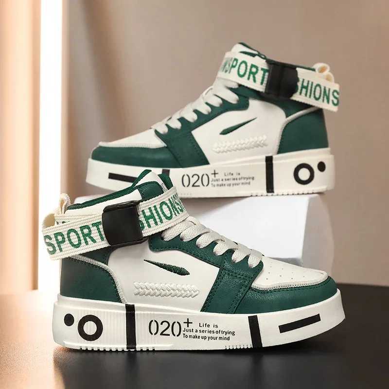 Spring/Autumn Teenager Shoe for Boy High Top Leather Sport Shoes for Boy White Beige Kids School Shoe Designer Children Sneakers W250225