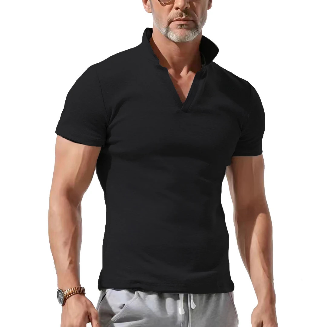 American heavy industry complex trend versatile daily heavy polo shirt turning V -neck Huafer short -sleeved mens T -shirt 250224