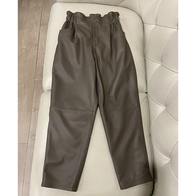 Genuine leather pants women winter fashion elastic high waist pants women harem pants casual trouser female 250224