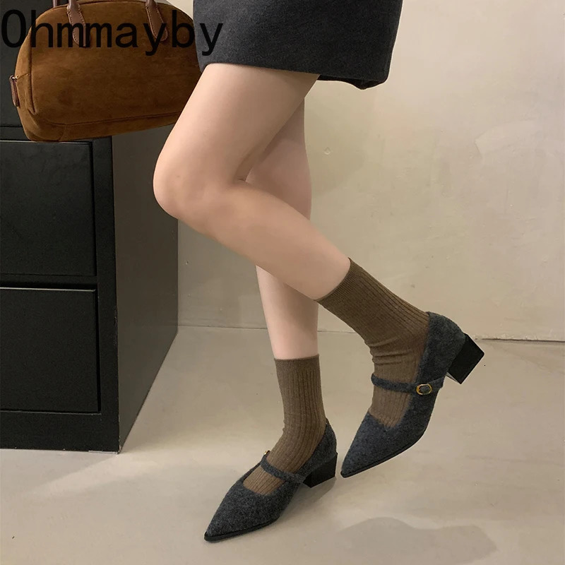 Winter Cotton Women Mary Jane Shoes Fashion Shallow Pointed Toe Shoes Concise Square Heels Shoes 250224