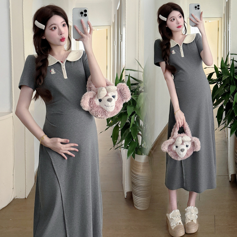X55180 Summer trendy mom new fashion versatile slim lapel loose medium and long large size pregnancy dress