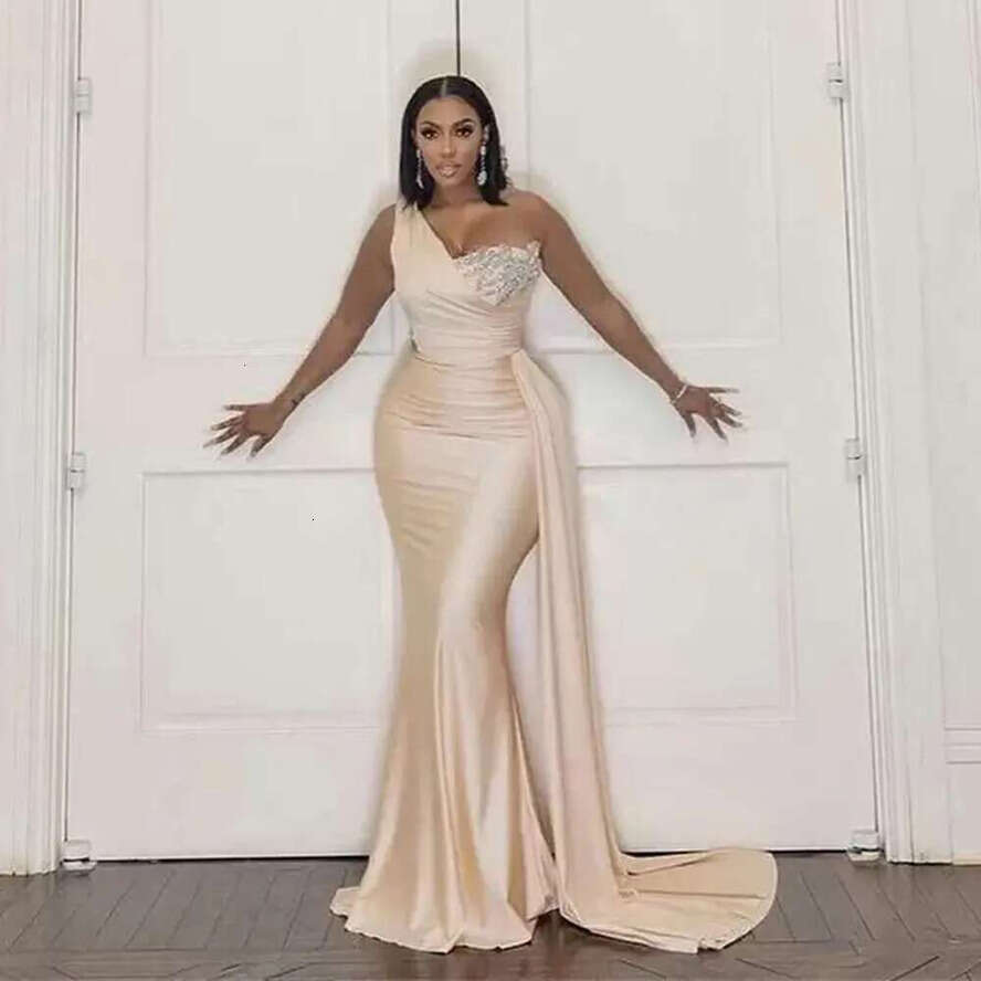 African Champagne Satin Evening Dresses One Shoulder Appliques Beaded Elegant Formal Party Prom Gowns For Bride Robe De Soiree