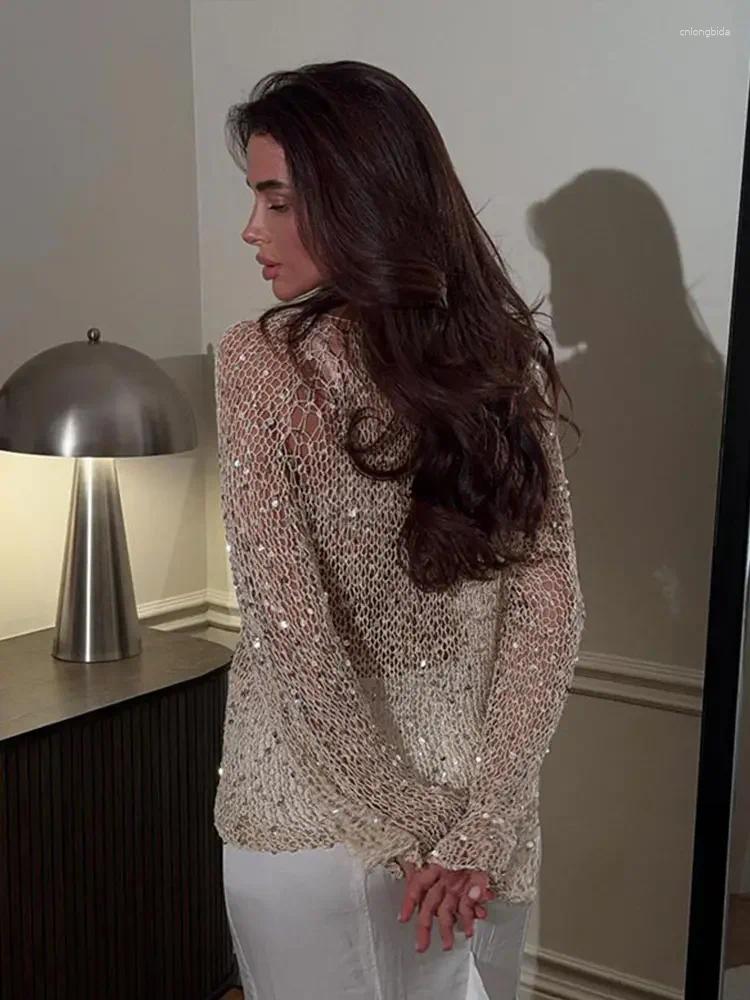 Women's Sweaters Fashion Sequin Knitted Hollow Out Sweater Women Elegant O-neck Loose Long Sleeve Knitting Top 2025 Spring Female Chic