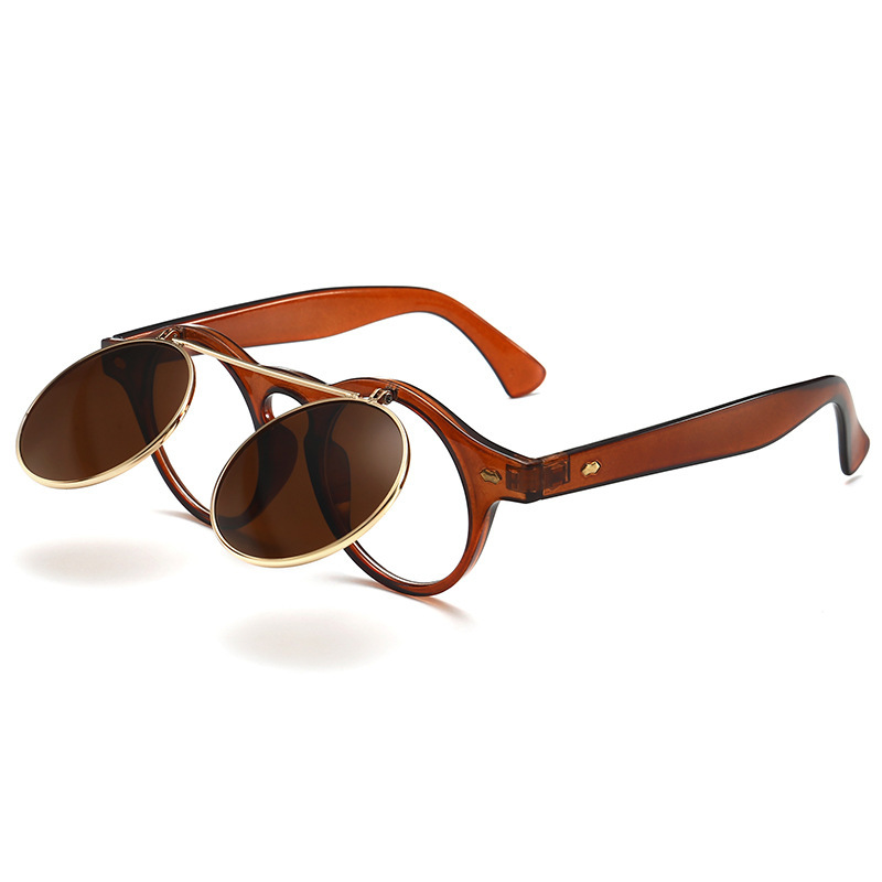 Retro flip-top sunglasses; punk steam round double-layer sunglasses; European and American trend sunglasses.
