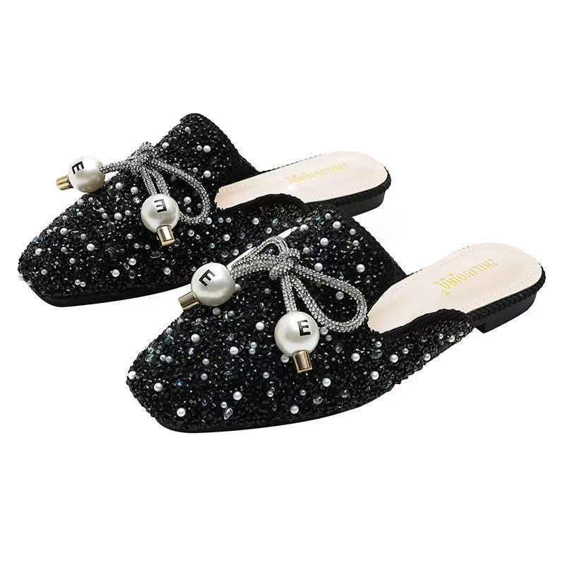 2025 Stylish rhinestone pearl slippers retro personality slip-on baotou single shoes comfortable light beautiful casual