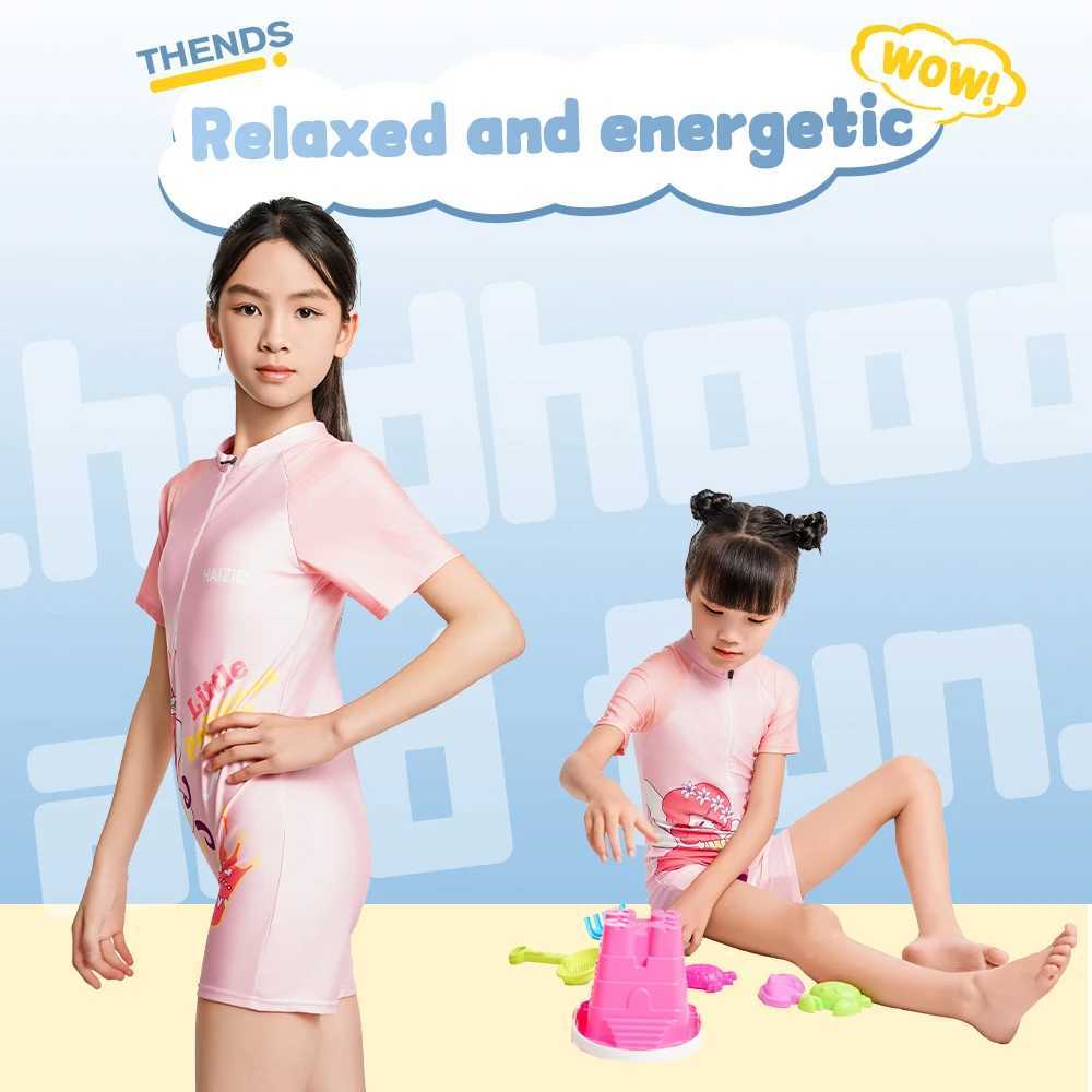 Summer One Piece Swimsuit Girls Little Fairy Print Swimwear Large Size Child Quick Dry Short Sleeve Zipper Professional Swimsuit X250224