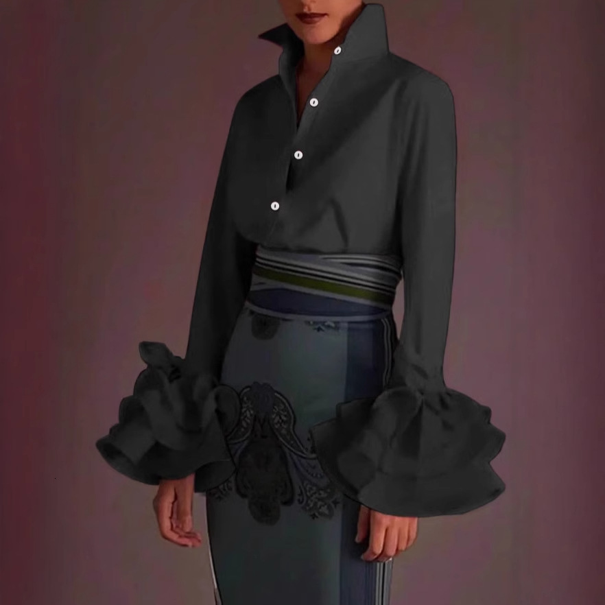 Womens Shirt Elegant Plain Mock Neck Tie Arm Trumpet Sleeve Shirt Office Lady Blue Fashion High Quality Long Sleeve Blouse 240805