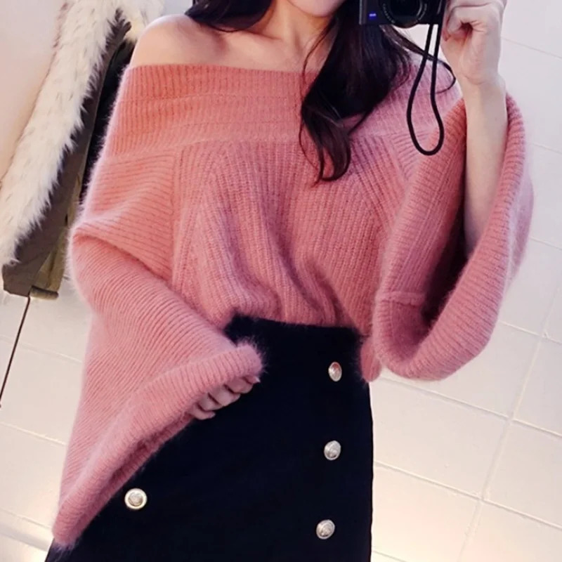 Sexy Off Shoulder Knitted Sweater Women Solid Loose Flare Sleeve Pullover Female Slash neck Mink Cashmere Sweater Jumpers 250210