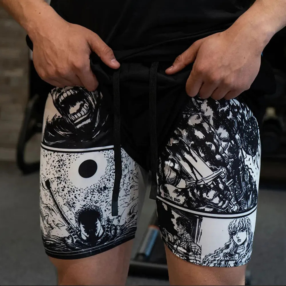 Y2K Compression Shorts Skull Print 2 in 1 Gym Shorts for Men Active Athletic 5 Inch Quick Dry Stretchy Training Fitness Workout 250225