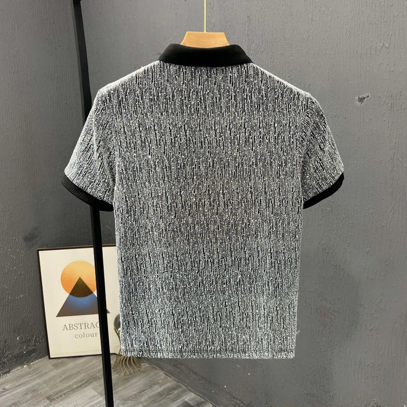 Korean Version Mens Summer Spliced Polo Shirt Printed Buttons Fashion Slim All-match Casual Short Sleeved T-shirt Top 250220