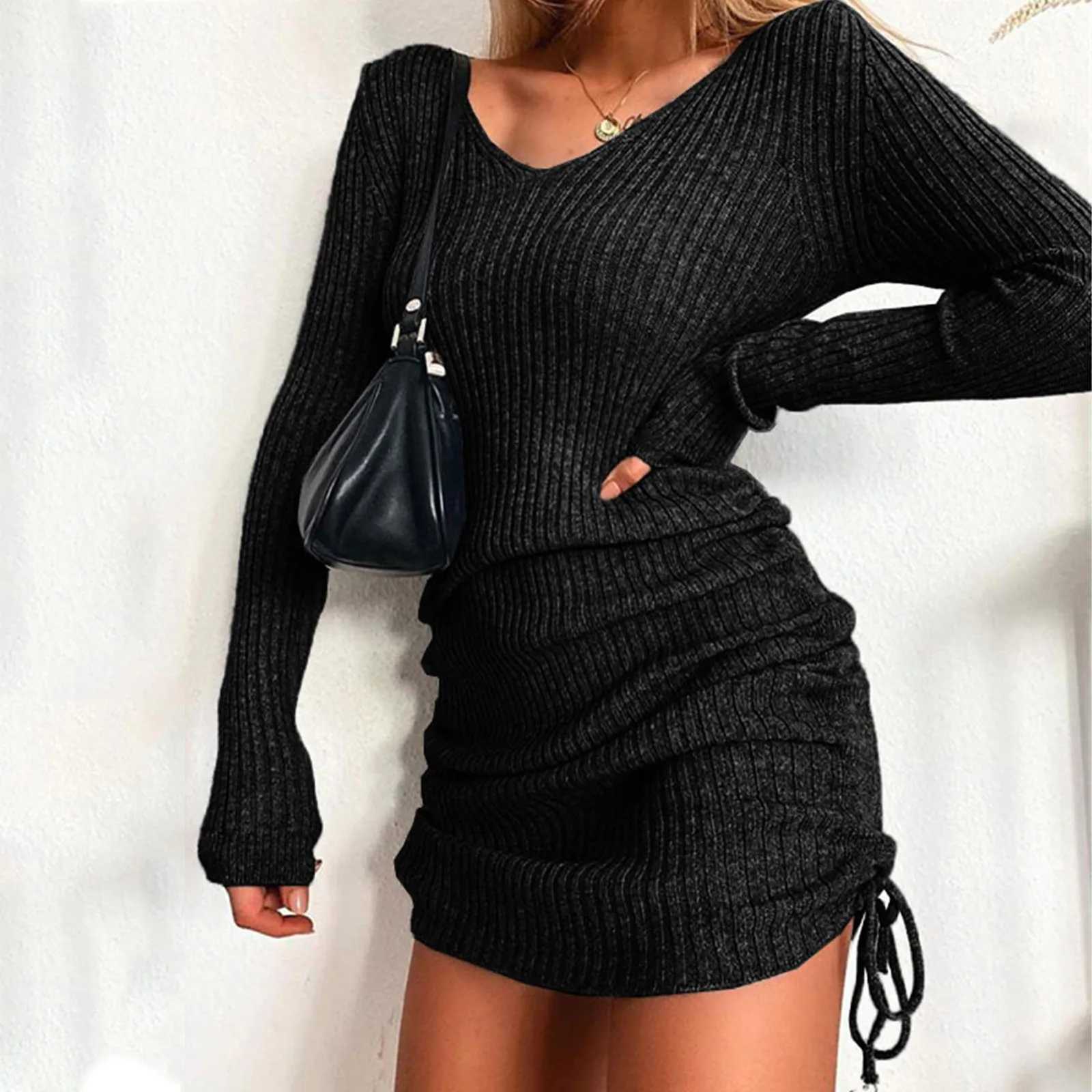 Spring And Winter Womens V Neck Long Sleeves Slim Thin Hip Dress Warm Sweater Sexy Hip Package Club Street Lady DressXJ250224