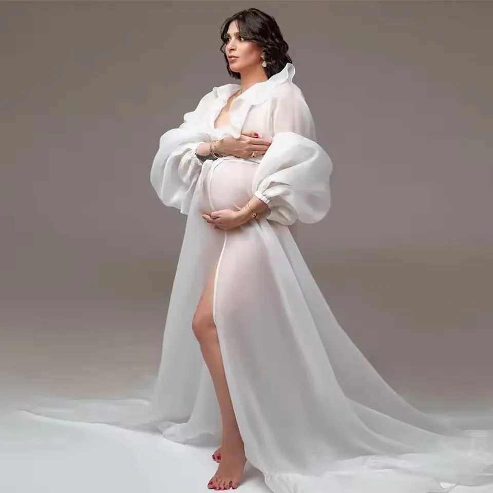 Boho Maternity Photo Shoot Chiffon Dress Ruffle Neck Lantern Sleeve With Tie Cord Pregnancy Robe For Baby Shower X250224
