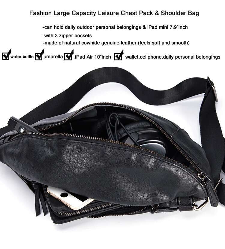 Fashion Genuine Leather Men's Chest Pack Shoulder Messenger Sg Small Leisure Bag Crossbody Black M129
