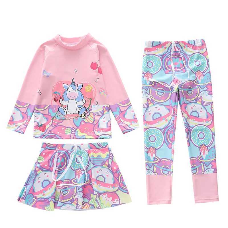 HappyFluent New 3-Piece Split Sunscreen Girls Long Sleeves and Trouthers Childrens Student Swimsuit X250224