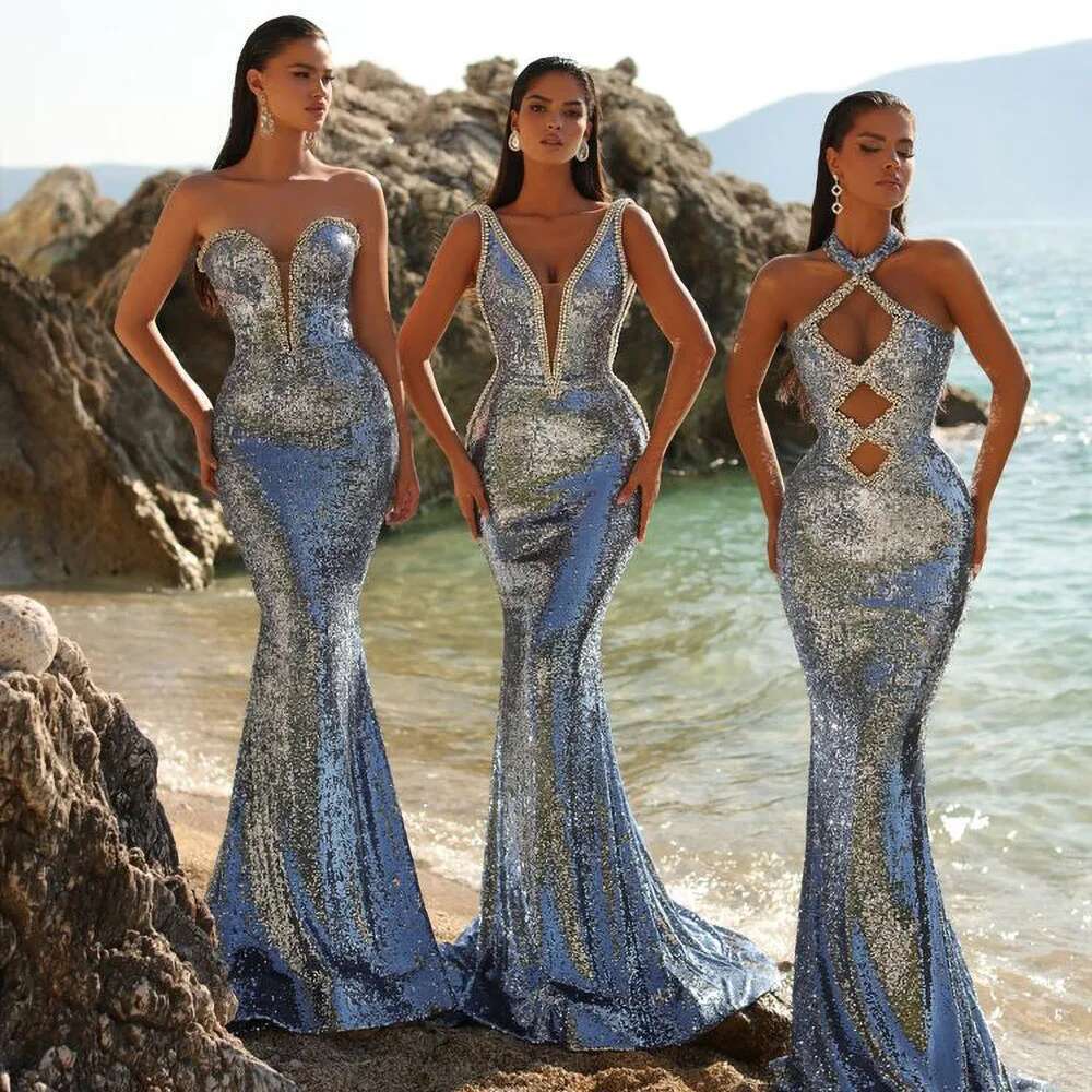 Modern style exquisite female chic prom sleeveless up floor sequins evening party dress the pearls mermaid dresses