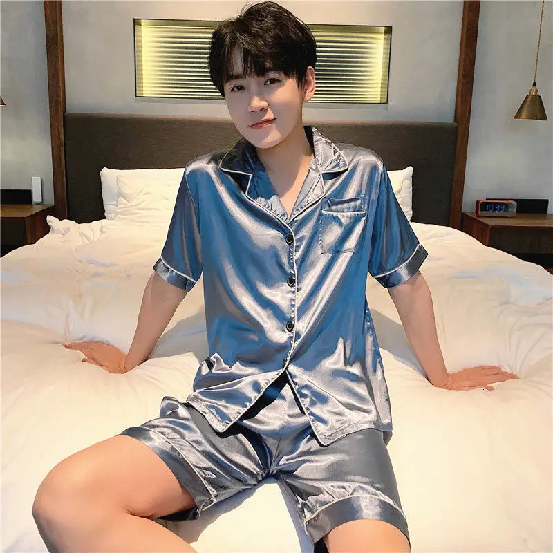 Multiple colors available for ice silk pajamas mens short sleeved shorts thin summer solid color sleepwear big size home suit 250224