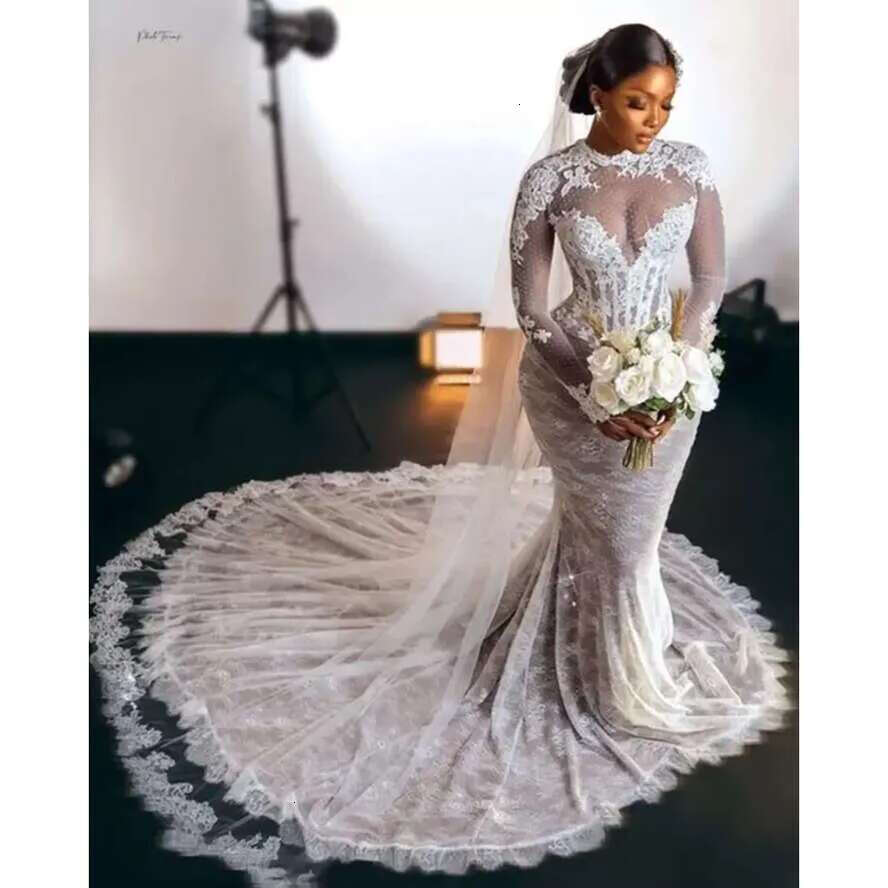 Pcs Sleeve One Long Mermaid Wedding Dresses Full Applique Abito Da Sposa Vintage Lace-Up Corset African Aso Ebi Bridal Dress Gown