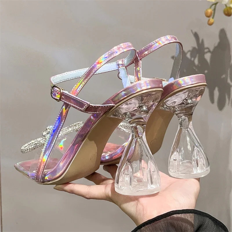 Eilyken Fashion Butterfly-knot Square Toe Woman Sandals Crystal Transparent High Heels Buckle Strap Party Shoes Zapatos De Mujer 250224