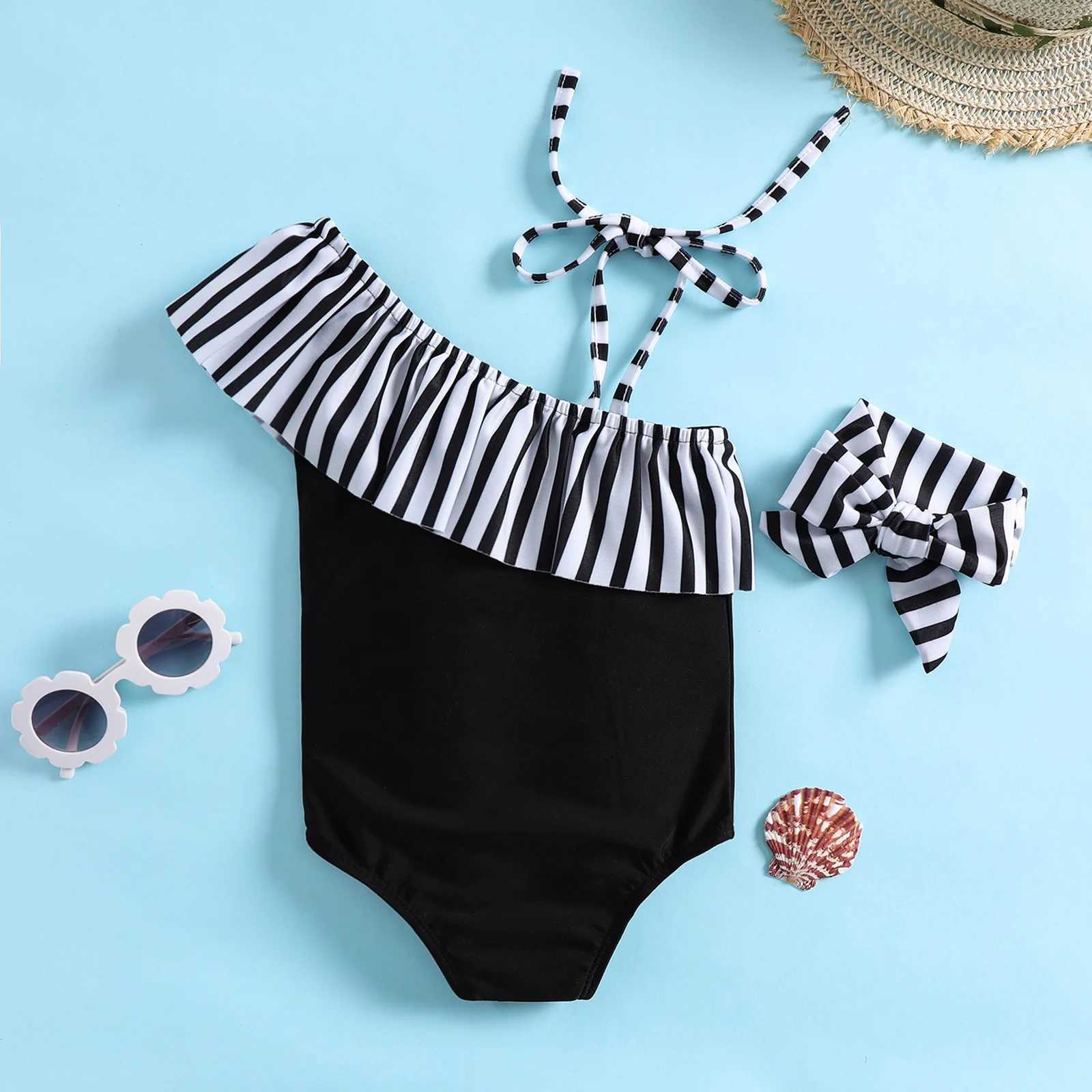 Childrens summer striped patchwork one-piece swimsuit girls beach style swimsuit headscarf two-piece set X250224