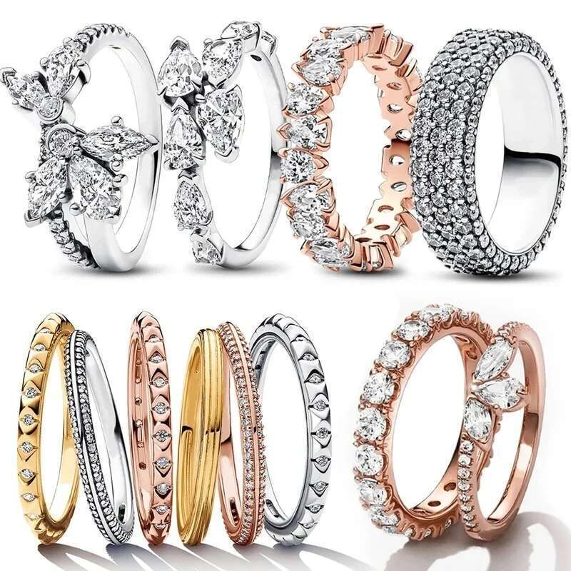 925 Sparking Gold Moon And Star Ring Set For Eternity Pave Round Rings Vintage Bands Womens Jewelry Gifts