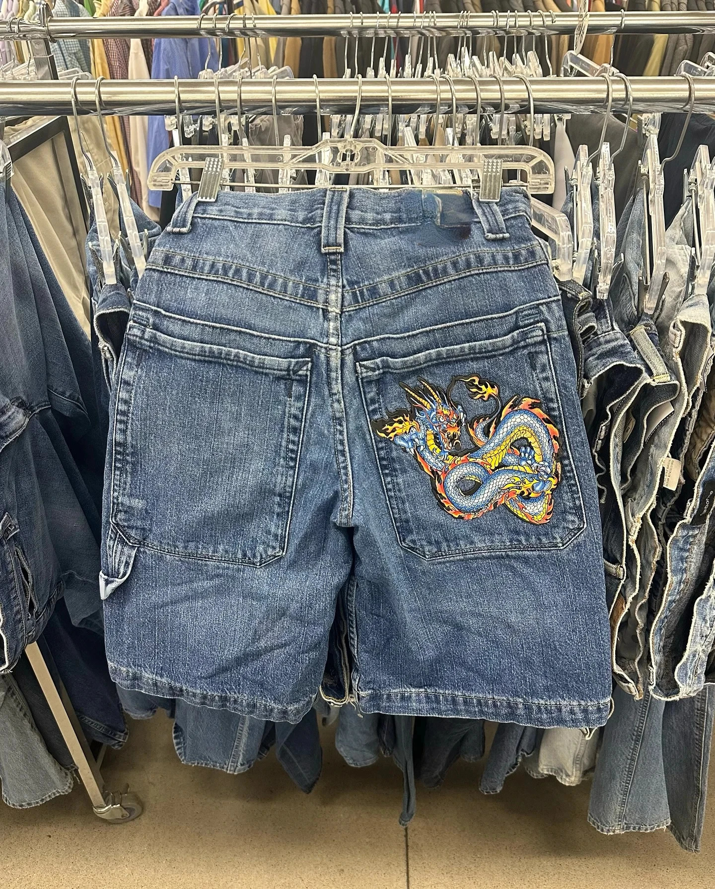 2000s Style Chinese Loong Hip Hop Denim Shorts Summer Baggy Jeans Gothic Jorts Y2k Retro Blue Men Wide Leg Cargo Gym Shorts 250225