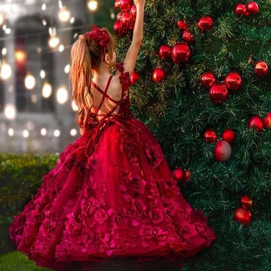Red Dark Spaghetti Strap D Wer Girls Dresses Pearls Child Prom Party Gown Corset Back Kids Photography Dress