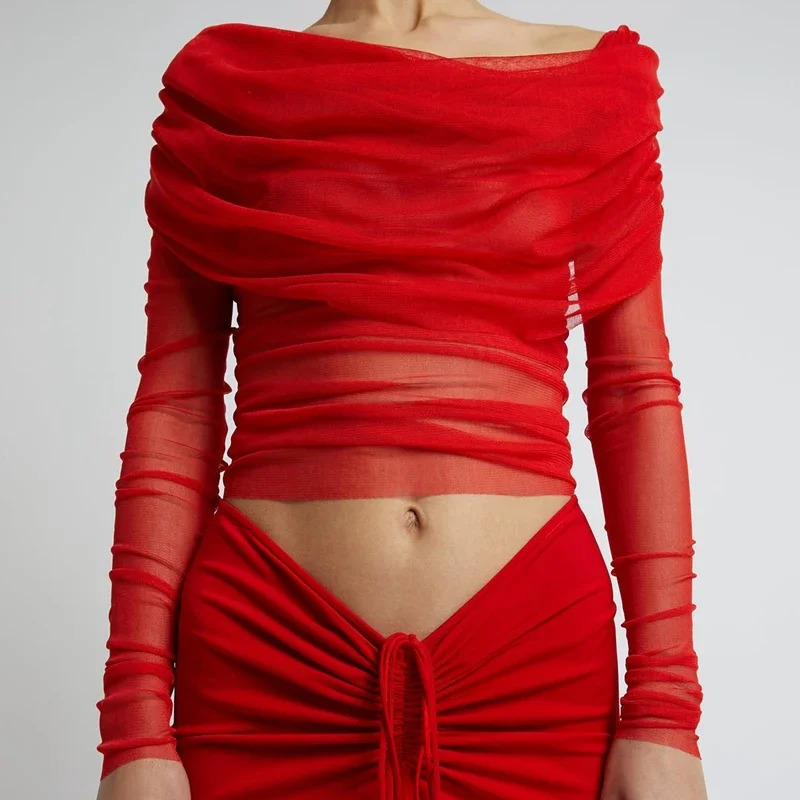 Mesh Sheer Crop Tops Korean Elegant Off the Shoulder T-shirt Chic Women Long Sleeves Slim Fit Cover-Ups Tees 250224