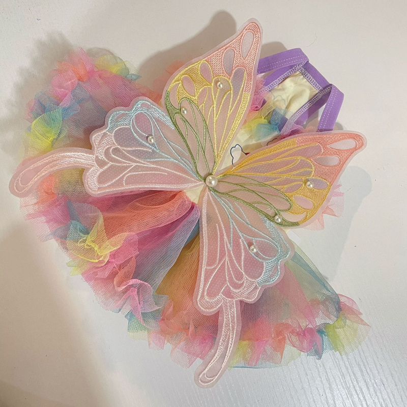 Pet Dog Dress with Big Butterfly Back Decoration, Summer Rainbow Gauze Skirt, Dog Bubble Dress, Suitable for Bichon, Yorkshire Terrier, and Small to M