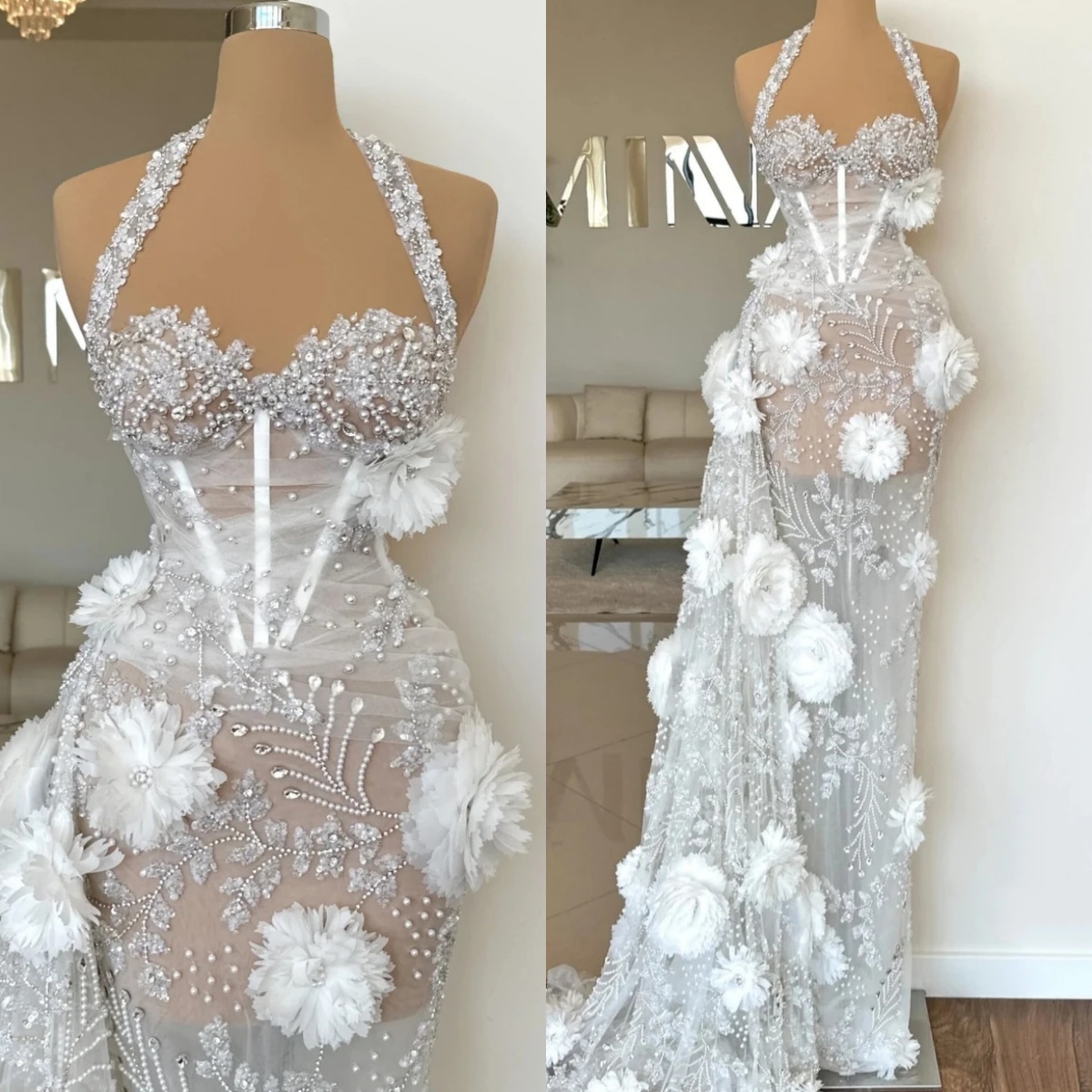 Sexy Halter Wedding Dresses See Through Mermaid Bridal Gowns 3D Flowers Beaded Pearls Sequins Customized Princess Sweep Train Bride Dress Vestidos De 
