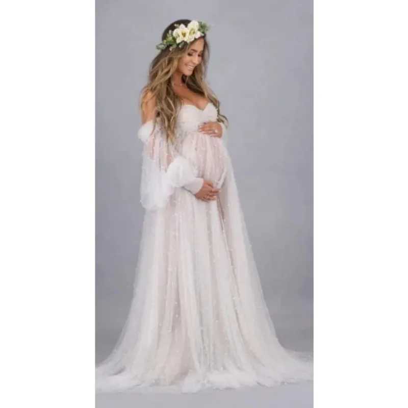 Maternity Photography Props Dress Dense Pearl White Yarn Maternity Photography Clothing Babyshower Gown Photo Shoot Pregnant X250224