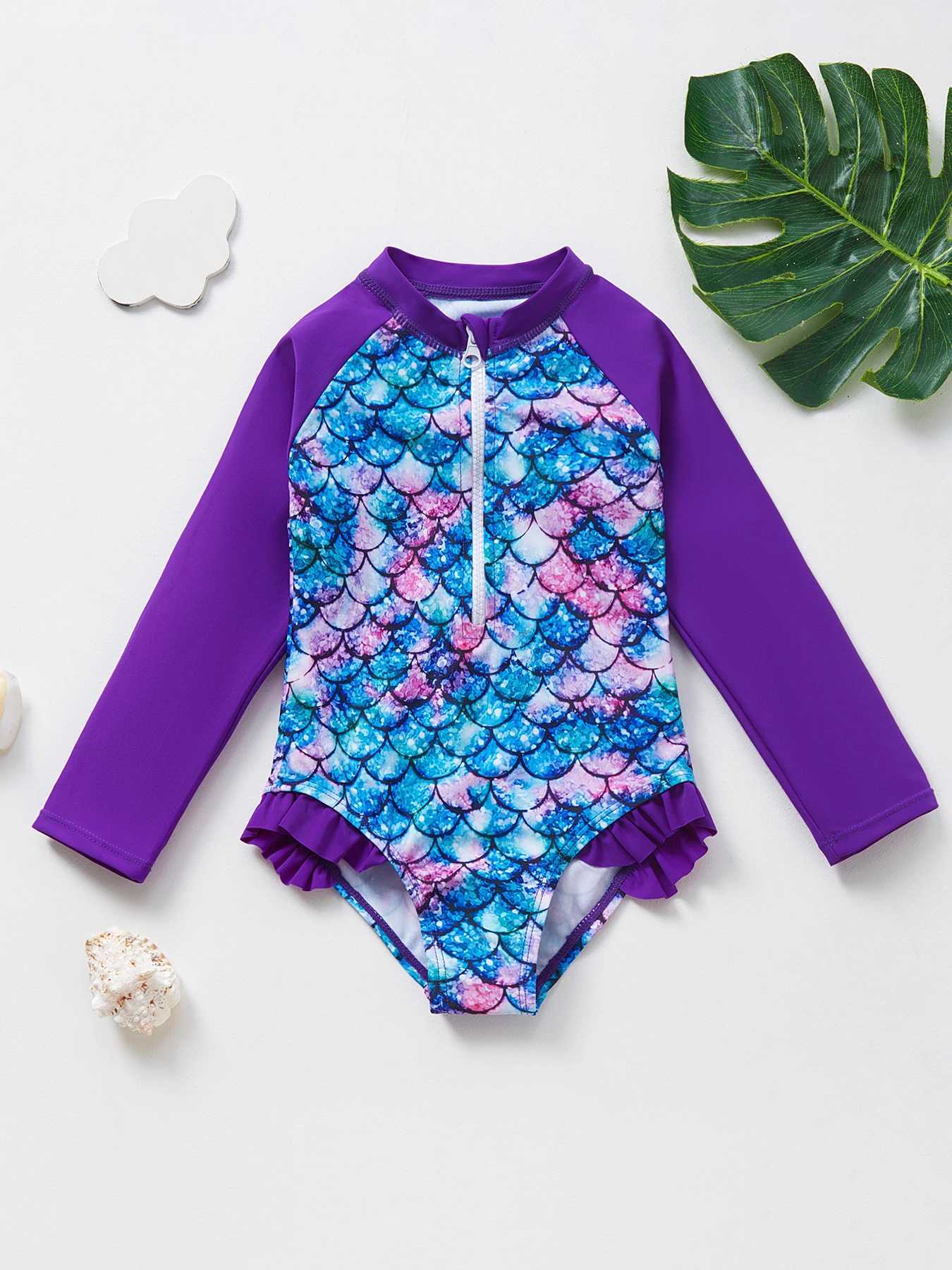 Mermaid Fish Scale Girls Rash Guard Set One Piece Swimwear for Kids X250224