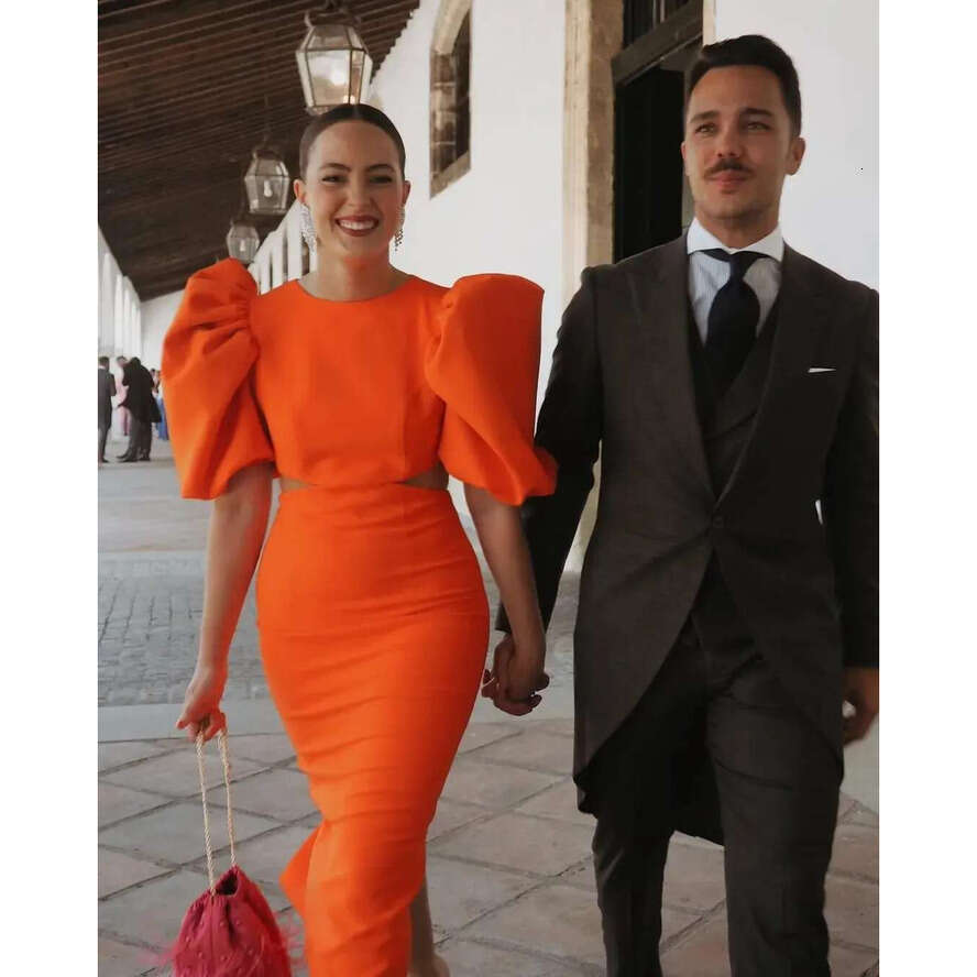 Elegant Orange Women Evening Formal Dress Short Puffy Sleeves Satin Tea-Length Birthday Party Gown Prom Dresses 2024 Arabic Robe De Soiree