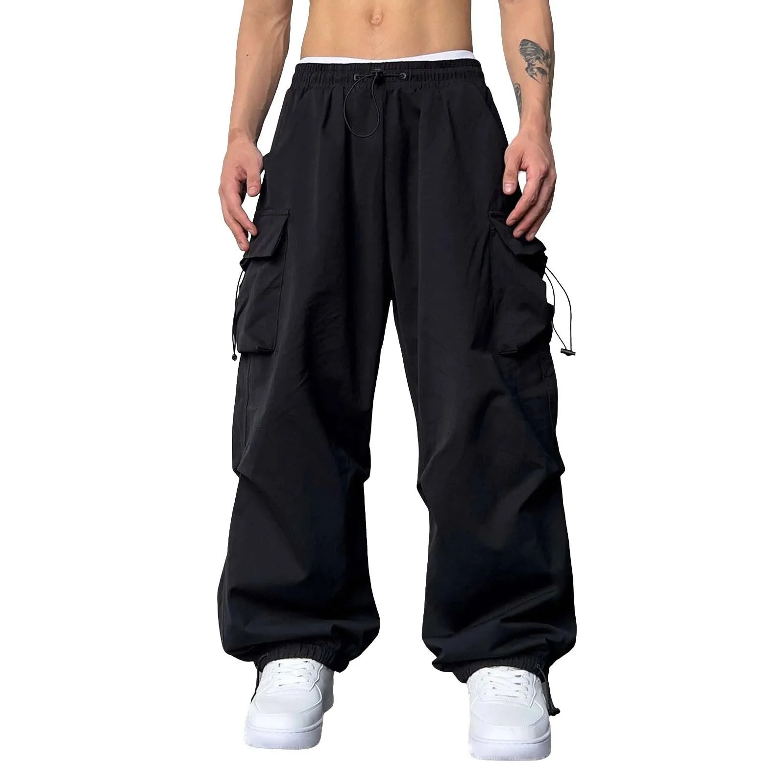 Cargo Pants For Men Baggy Long PantsMenS Parachute Cargo Pants Lightweight Pants Drawstring Loose Fit Hiking Casual Pants 250225