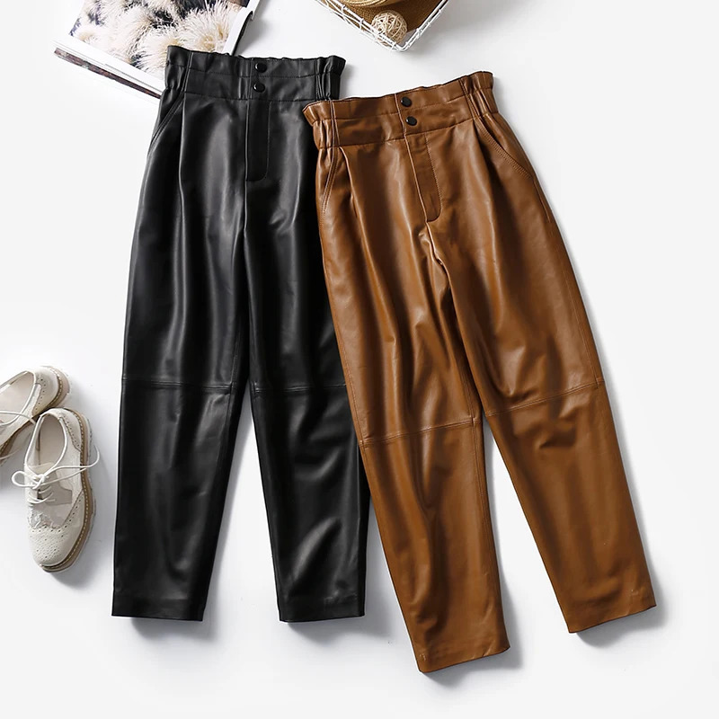 Genuine leather pants women winter fashion elastic high waist pants women harem pants casual trouser female 250224