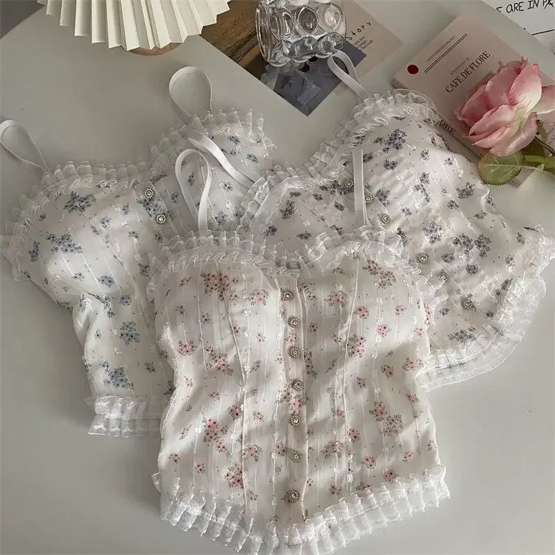 Floral Tube Tops French Wood Ear-hem Camisole Womens Breathable Lace Tank Tops Back-beautiful Underwear for Summer 250224