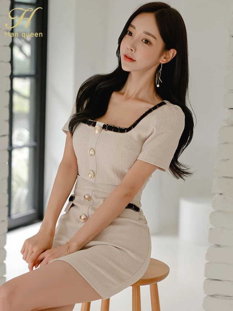 H Han Queen 2024 Summer Sexy Dresses Fashion Buttons Simple Sheath Pencil Short He Chic Dress Korean Style Clothing DressXJ250224