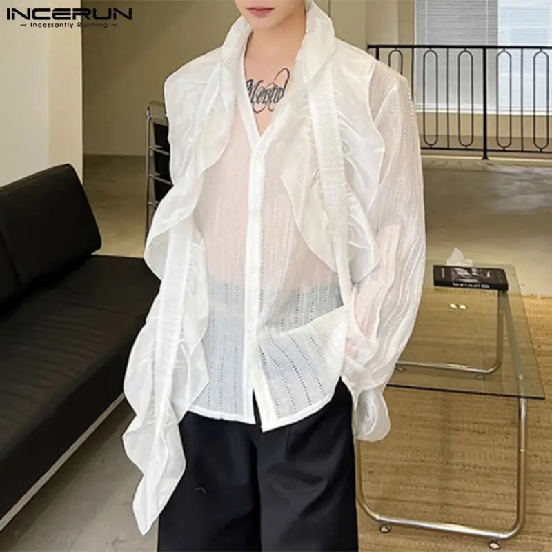 Mens shirt with hollow pleated edges and patch work V-neck long sleeved mens streetwear transparent fashion Camisas INCERUN 250222