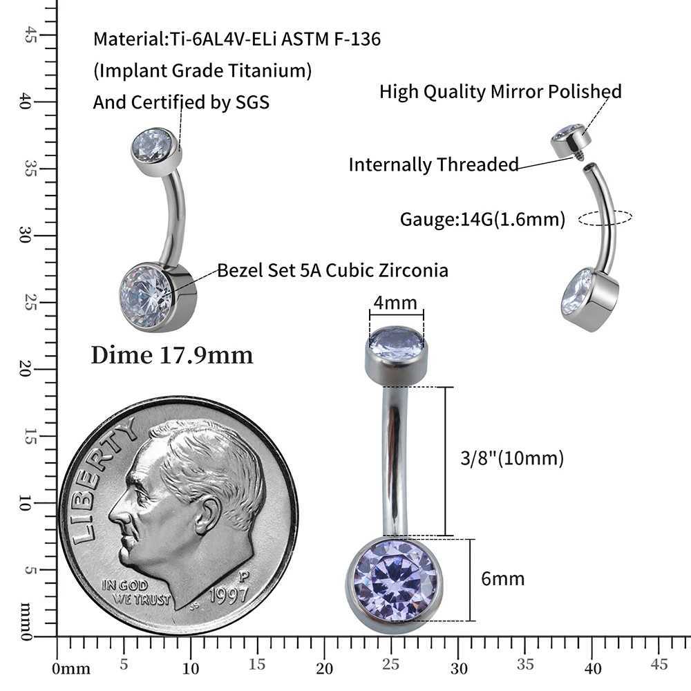 Right large ASTM F136 titanium belly button buckle ring 10mm 12mm with circular CZ internal thread NAVEL ring belly button rodXJ250224