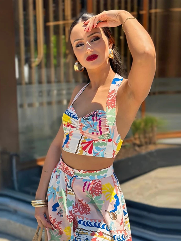 Sexy Printed Halter Women Skirt Suits Sleeveless Backless Crop Top Single Breasted Split Skirts 2024 Summer Chic Lady Sets 250222