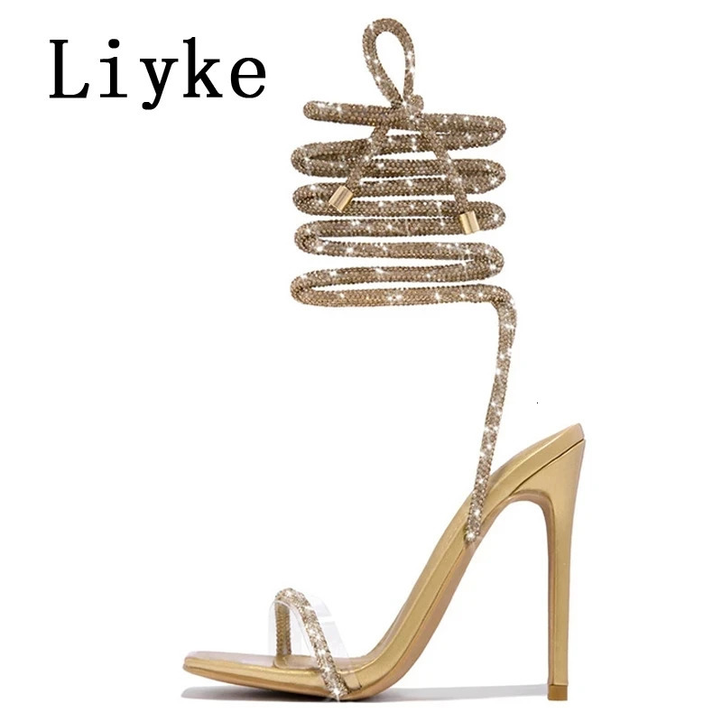 Liyke Fashion Glitter Rhinestones Women Sandals Crystal Ankle Strap High Heels Party Prom Shoes Lady Wedding Stiletto Sandalias 250224