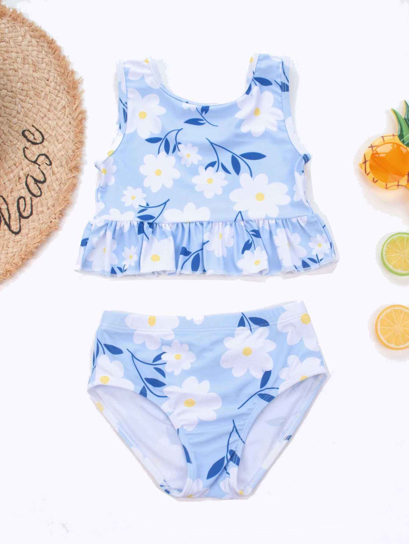 Flower ruffled high stretch beach girl childrens swimsuit high waist swimsuit childrens vacation bikini set X250224