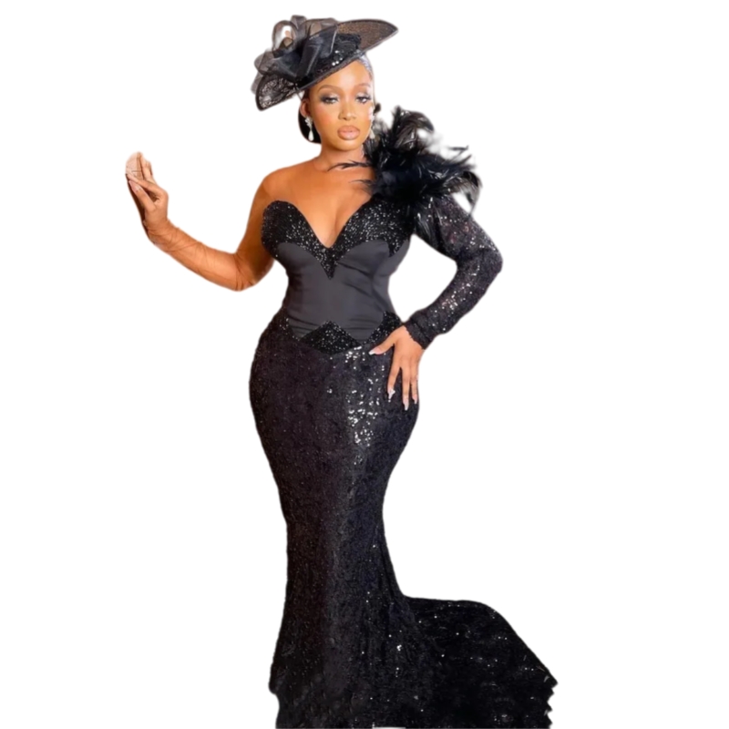 Illusion One Shoulder Prom Dresses African Arabic Glitter Sequined Mermaid Evening Gowns Long Sleeves Sweetheart Pageant Party Special Occasion Dress 