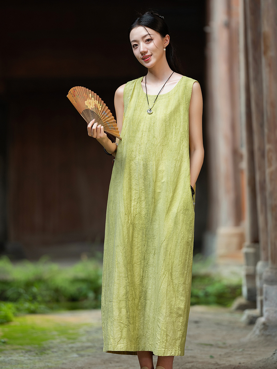 Y41150 Cotton and linen women's clothing ramie cotton thin dirty dyed Chinese long skirt women's loose literary sleeveless vest dress