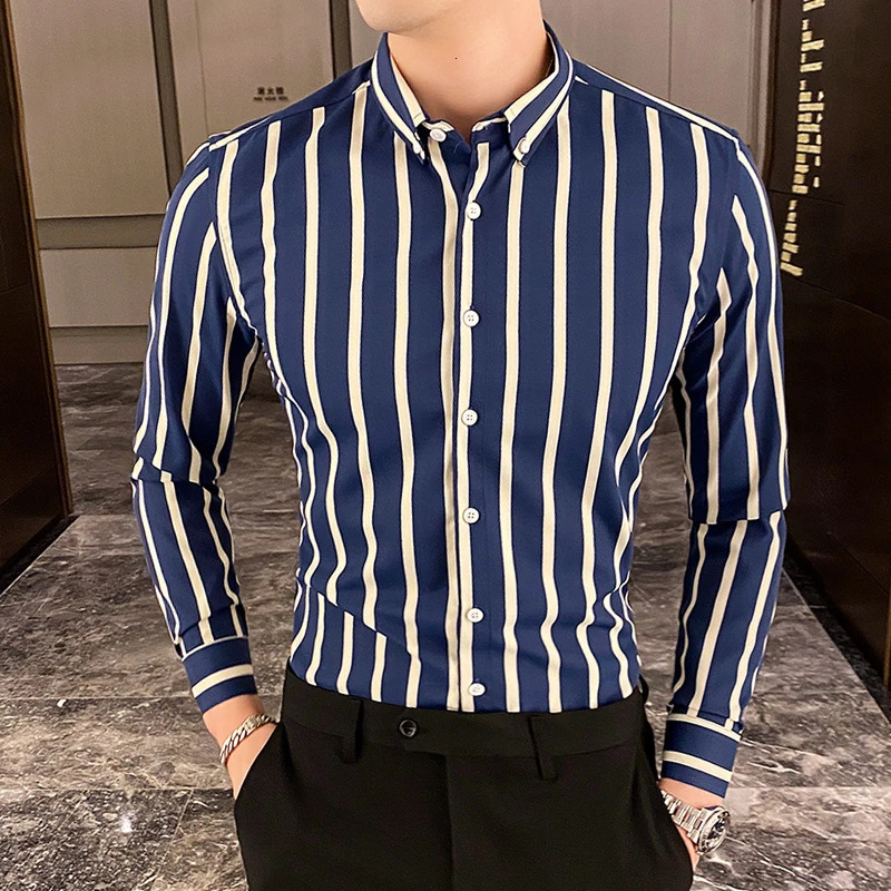 Mens Shirts Korean Clothing Long Sleeve Striped Social For Men Business Casual Formal Blouse Homme 5XLM 250222