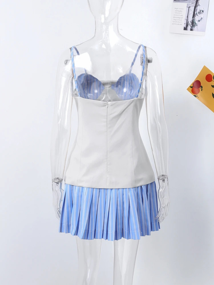 Fashion Contrast Color Patchwork Pleated Short Dress Women Elegant High Waist A-line Evening Party Dress Holiday Lady Vestidos 250225