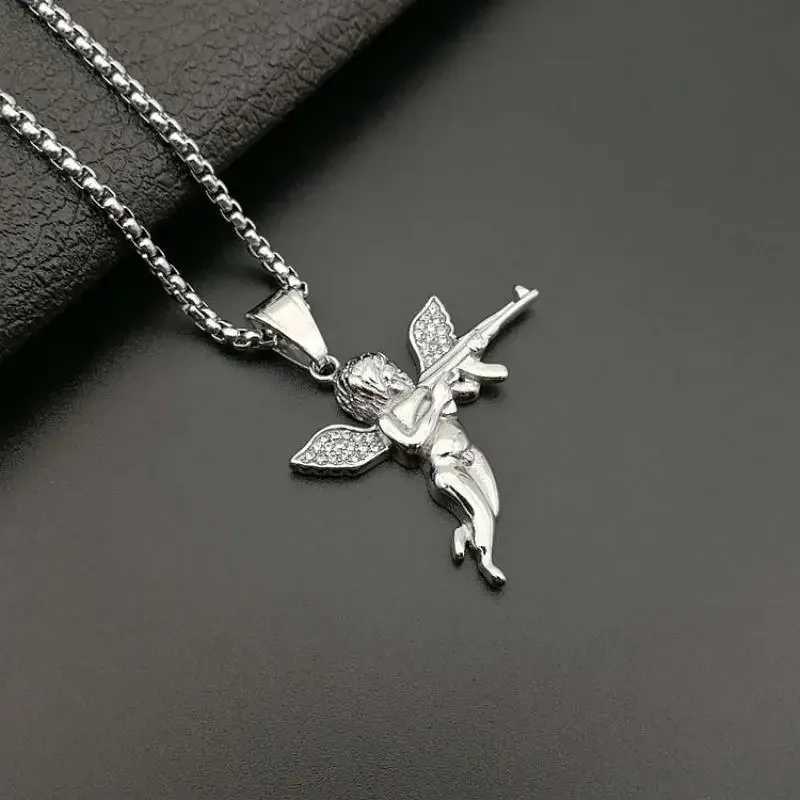Hip-Hop and Out Crystal Zircon Angel Ak-47 Subhine Gun Pendant Necklace Mens Street Hip-Hop Rock Trend Jewelry X250224