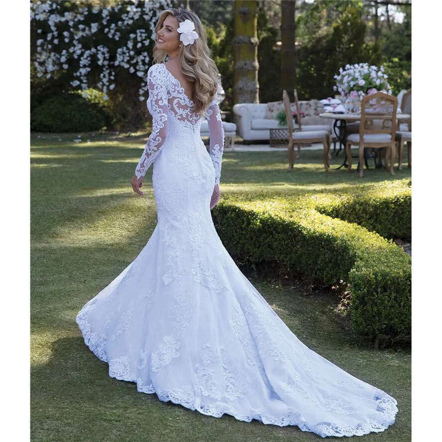 Wedding Sexy Dress Mermaid Long Sleeve Lace Pearls Appliques Gorgesous New Design Bride Dresses Custom Made