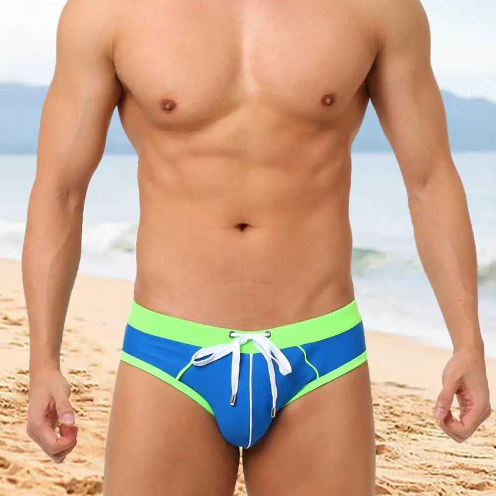 Mens Summer Swimming Trucks Boxer Mid-rise Drawstring Patchwork Color Swimming Briefs Quick-Drying Stretch Beach Surfing BriefsXJ250224